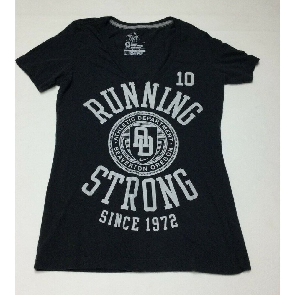 Nike Athletic Dept Womens T-shirt Running Strong SZ M Black Gray Slim Fit V-neck